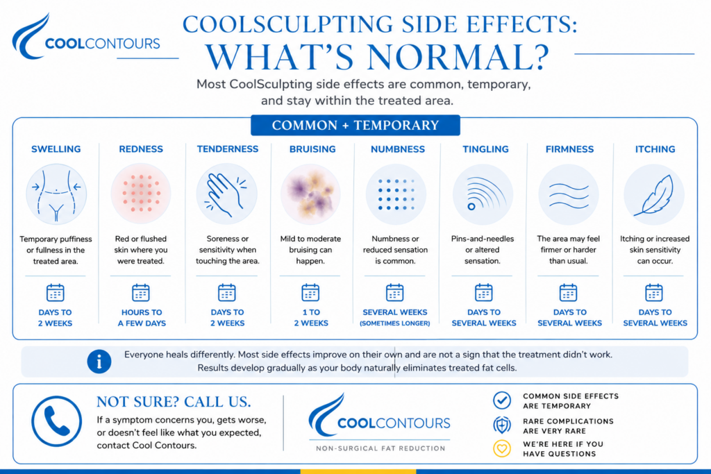 CoolSculpting side effects infographic showing common temporary effects including swelling, redness, tenderness, bruising, numbness, tingling, firmness, and itching, with typical recovery timelines.