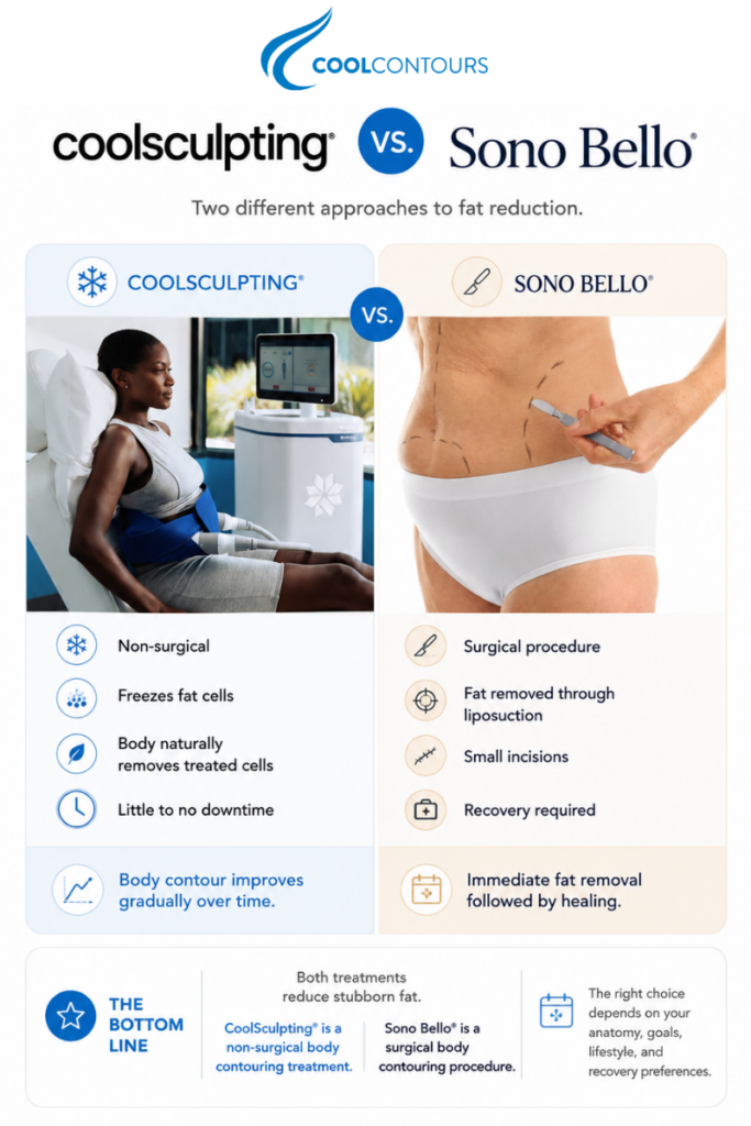CoolSculpting vs. Sono Bello infographic comparing non-surgical fat reduction with surgical liposuction, including treatment process, downtime, and recovery.