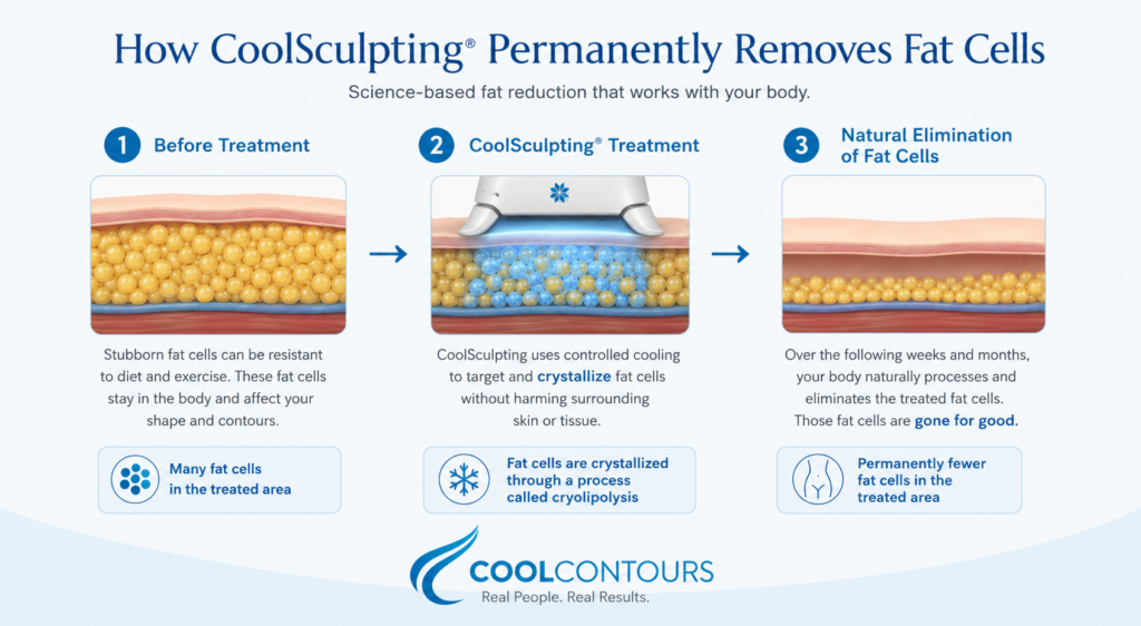 Infographic showing how CoolSculpting permanently removes fat cells in three steps: before treatment with visible fat cells, CoolSculpting freezing targeted fat cells, and the body's natural elimination of treated fat cells over the following weeks, leaving a slimmer contour.